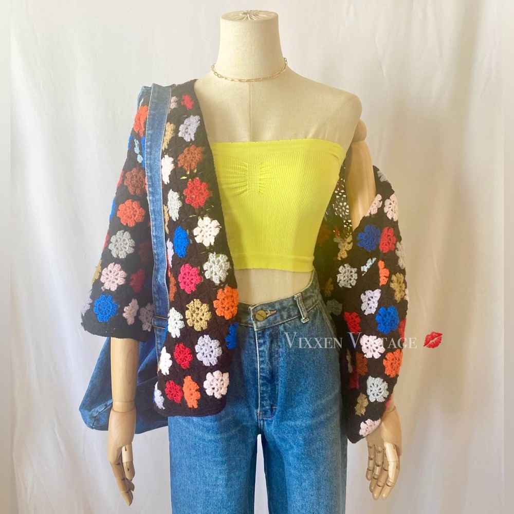 Vintage Cropped Button Up Multicolored Crochet Granny Square Cardigan